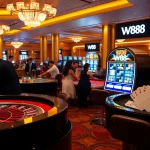 Experience the excitement of W88 gaming with friends at a luxurious casino table and slot machines.