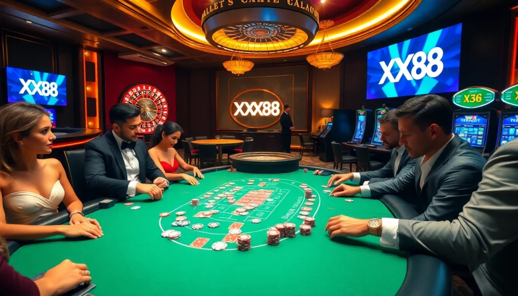 Experience thrilling gameplay at XX88’s poker table with vibrant cards and chips.