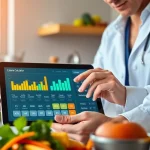 Engaging view of a calorie calculator on a tablet, showcasing nutrition data and healthy food in the background.