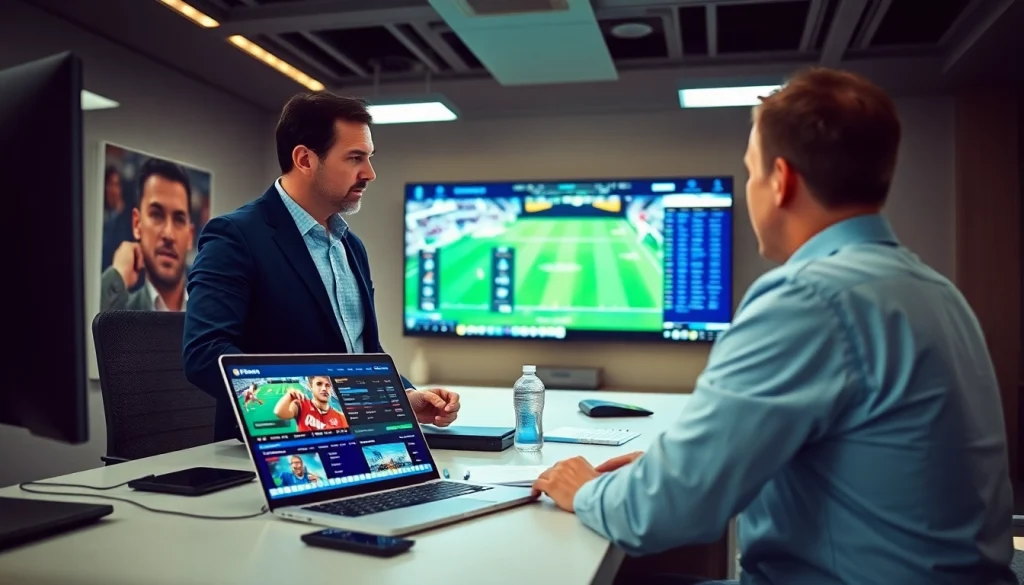 Engaging scene of sports betting in California with an operator sharing strategies in a modern office.