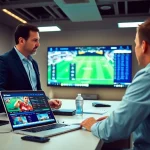 Engaging scene of sports betting in California with an operator sharing strategies in a modern office.