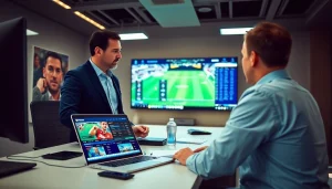 Engaging scene of sports betting in California with an operator sharing strategies in a modern office.