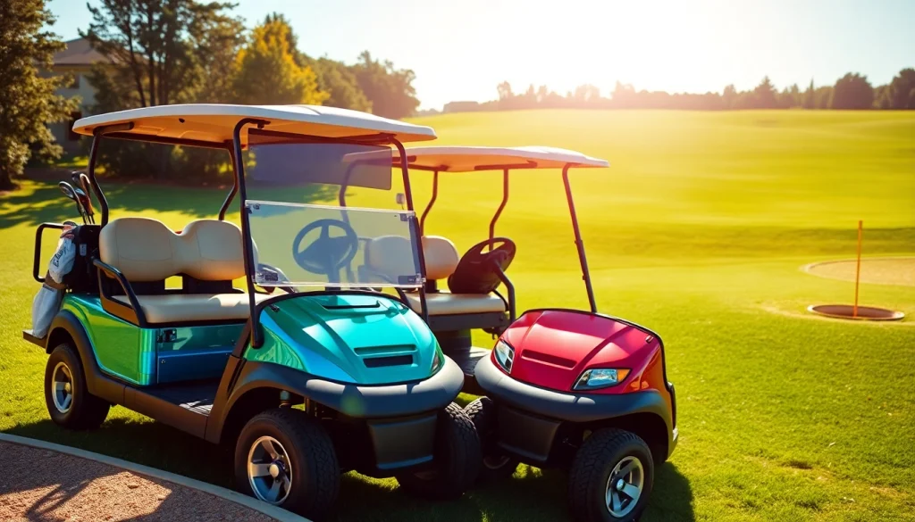 Explore star ev golf carts parked on a vibrant golf course, showcasing their sleek designs under bright sunlight.