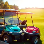 Explore star ev golf carts parked on a vibrant golf course, showcasing their sleek designs under bright sunlight.
