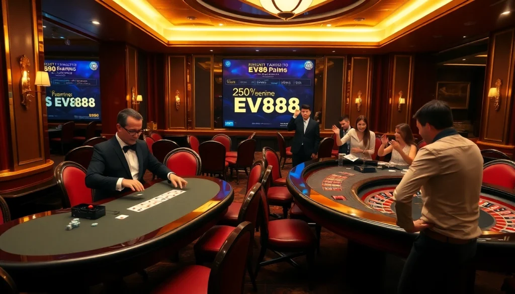 Experience EV88 excitement at a luxurious casino with vibrant gaming tables and players.
