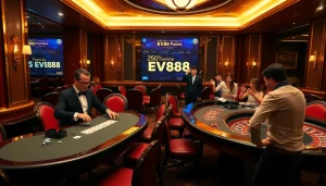Experience EV88 excitement at a luxurious casino with vibrant gaming tables and players.