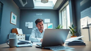 Professional accountant preparing SMSF tax return in a modern office setting.