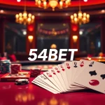 Experience thrilling online gambling with 54BET's elegant casino table and vibrant roulette wheel.