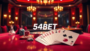 Experience thrilling online gambling with 54BET's elegant casino table and vibrant roulette wheel.