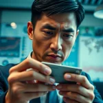 카드깡의 위험성을 강조하며 신용카드를 분석하는 심각한 표정의 개인이 있는 장면.