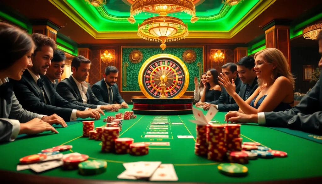 Action-packed scene of gambling at a luxury casino with vibrant elements from https://32win.football/ ensuring excitement and engagement.