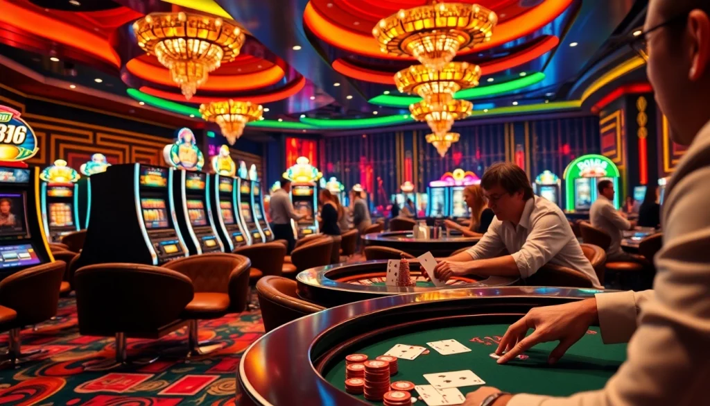 king88 players enjoying action-packed casino games with colorful chips and vibrant slot machines