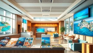 datanisle.com의 고급 여행사 내부에서 고객을 맞이하는 현대적인 리셉션.