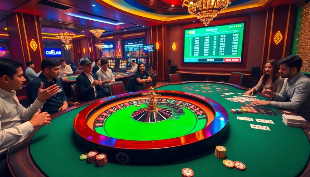 Khela88 bangladesh players enjoying a luxury casino experience with roulette and poker tables.