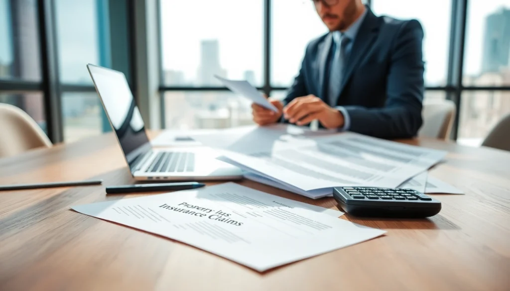Examine documents related to Property Insurance Claims in a professional office.