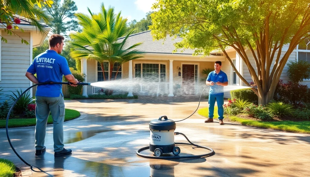 Pressure wash team cleaning a residential property in Kissimmee, Florida, showcasing professional exterior cleaning services.