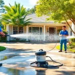 Pressure wash team cleaning a residential property in Kissimmee, Florida, showcasing professional exterior cleaning services.