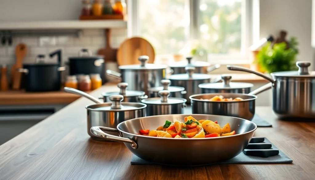 Cookware NZ selection displayed on modern kitchen countertop, showcasing pots, pans, and utensils.