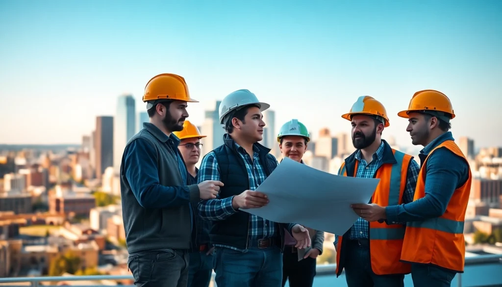 Collaborative efforts at a construction association denver with workers planning in front of a Denver skyline.