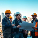 Collaborative efforts at a construction association denver with workers planning in front of a Denver skyline.