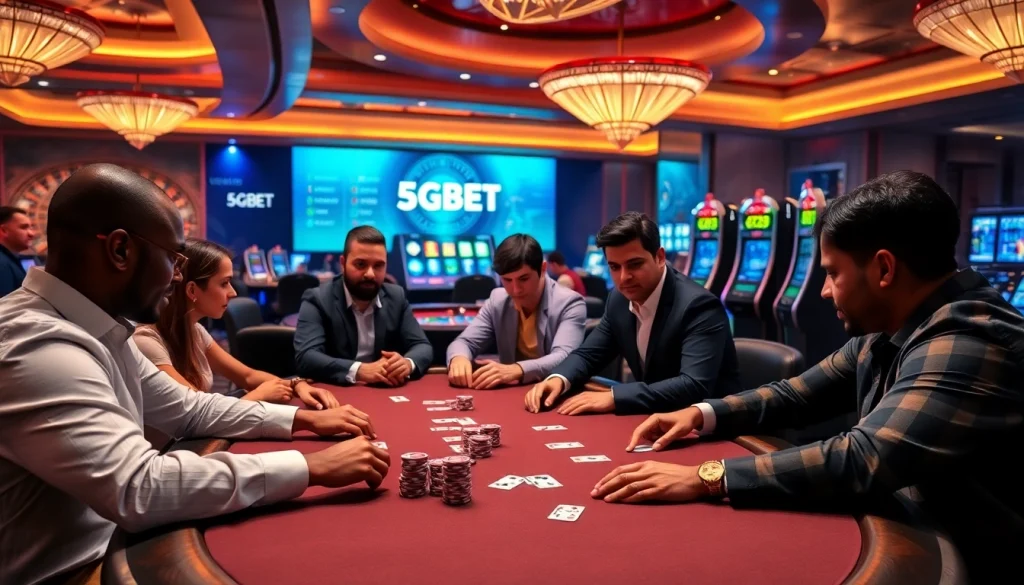 Experience thrilling moments at 5GBET poker table featuring engaged players and vibrant casino elements.