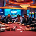 Experience thrilling moments at 5GBET poker table featuring engaged players and vibrant casino elements.