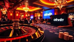 Experience the thrill of Okwin casino gaming with vibrant poker chips and roulette excitement.