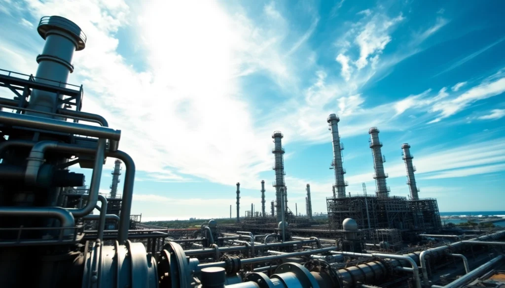 Refineries operating in an industrial coastal setting showcasing advanced technology and vibrant energy.
