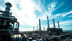 Refineries operating in an industrial coastal setting showcasing advanced technology and vibrant energy.