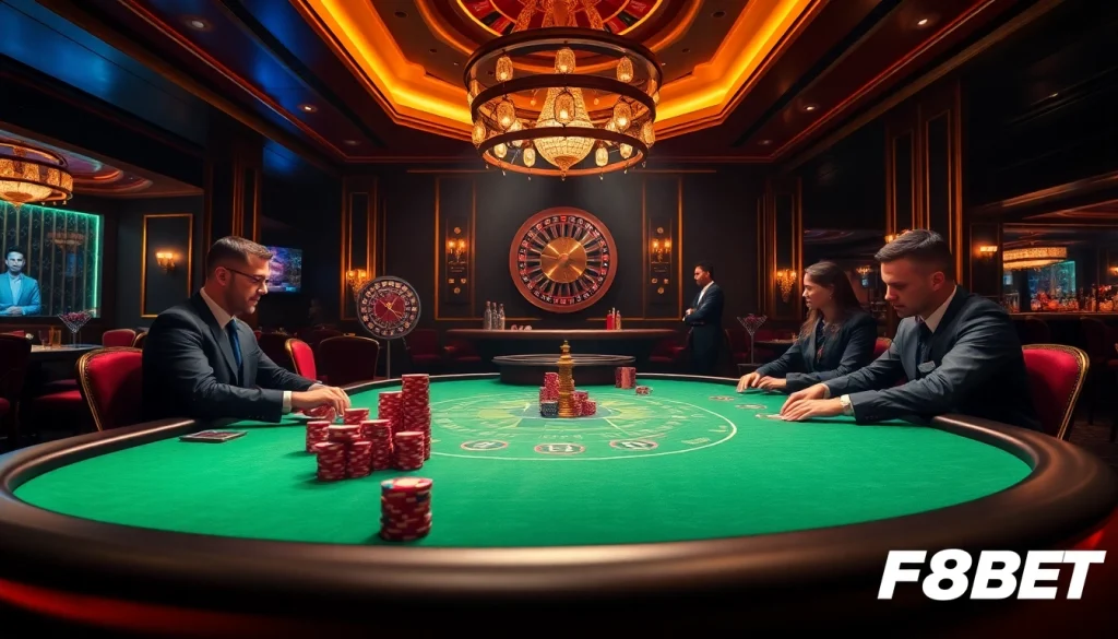 Players enjoying a thrilling poker game at F8BET casino, showcasing excitement and luxury in gambling.