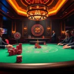 Players enjoying a thrilling poker game at F8BET casino, showcasing excitement and luxury in gambling.