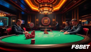 Players enjoying a thrilling poker game at F8BET casino, showcasing excitement and luxury in gambling.