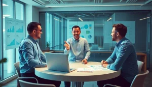 Crisis management consultant leads a team meeting with charts and laptops in a bright office.