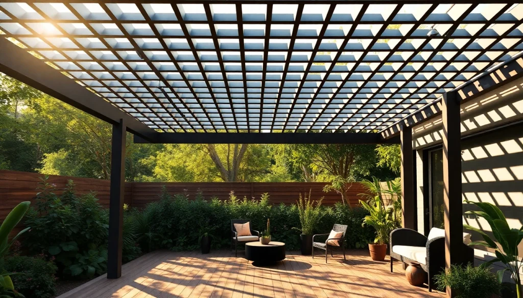 Enhancing outdoor living with a modern steel pergola set in a peaceful backyard.