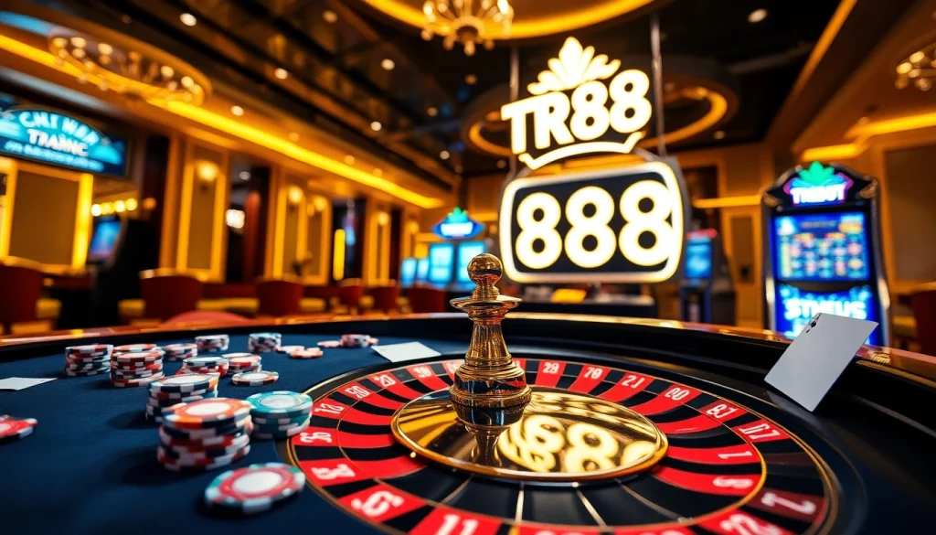 Betting excitement at a TR88 casino table with vibrant chips and cards.