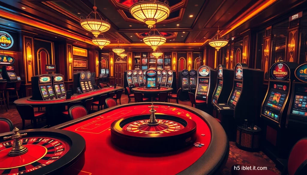 Engaging gambling scene at https://i5bet.it.com/ showcasing luxury poker tables and dynamic roulette wheels.