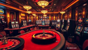 Engaging gambling scene at https://i5bet.it.com/ showcasing luxury poker tables and dynamic roulette wheels.