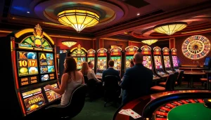 Para pemain antusias menikmati slot deposit 1000 di meja kasino mewah di bawah lampu-lampu berwarna cerah.