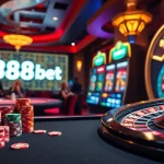 Play high-stakes poker at 388bet's upscale casino featuring vibrant tables and roulette wheels.