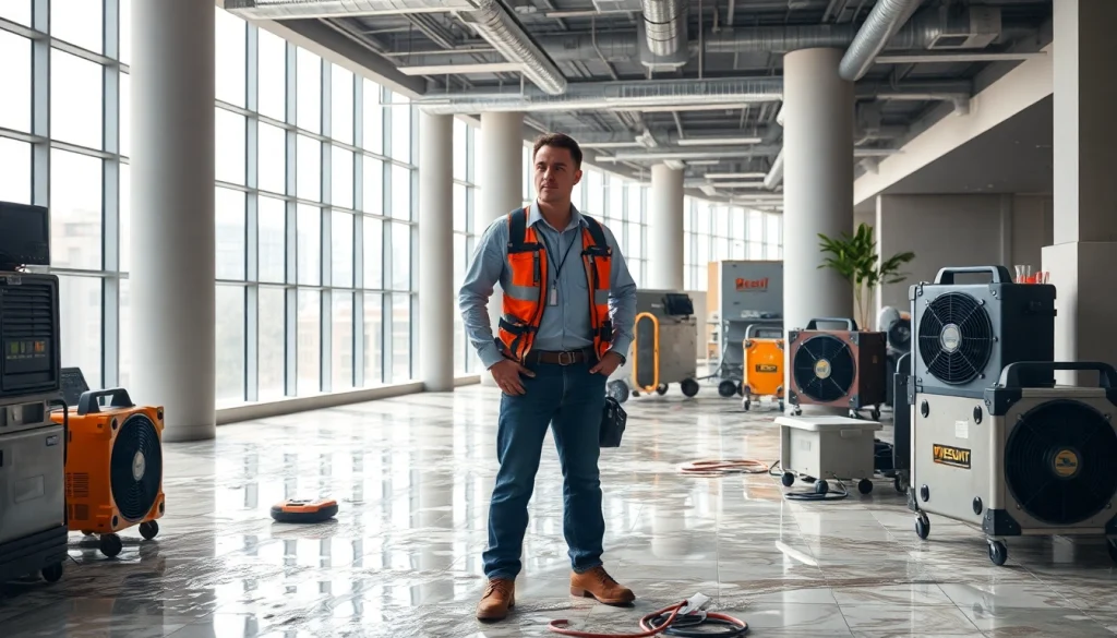 Assessing commercial water loss with technicians and drying equipment in a flooded office.