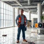 Assessing commercial water loss with technicians and drying equipment in a flooded office.