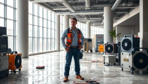 Assessing commercial water loss with technicians and drying equipment in a flooded office.