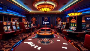 Experience thrilling gaming action at 7upbet with vibrant casino tables and sleek slot machines.