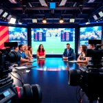 Engaged hosts discussing Sports Broadcasting in a vibrant studio setup with real-time data screens.
