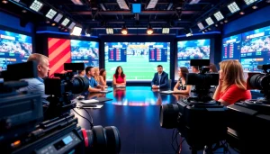 Engaged hosts discussing Sports Broadcasting in a vibrant studio setup with real-time data screens.