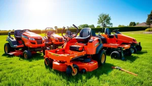 Discover top zero turn mowers for sale displayed in a lush green landscape, featuring modern designs and cutting capabilities.