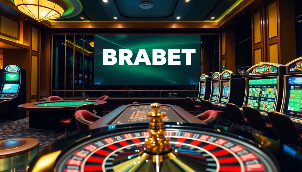 Experience BRABET's exciting online casino with vibrant slots and a polished poker table.