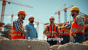 Construction association South Carolina professionals collaborate on-site showcasing teamwork.