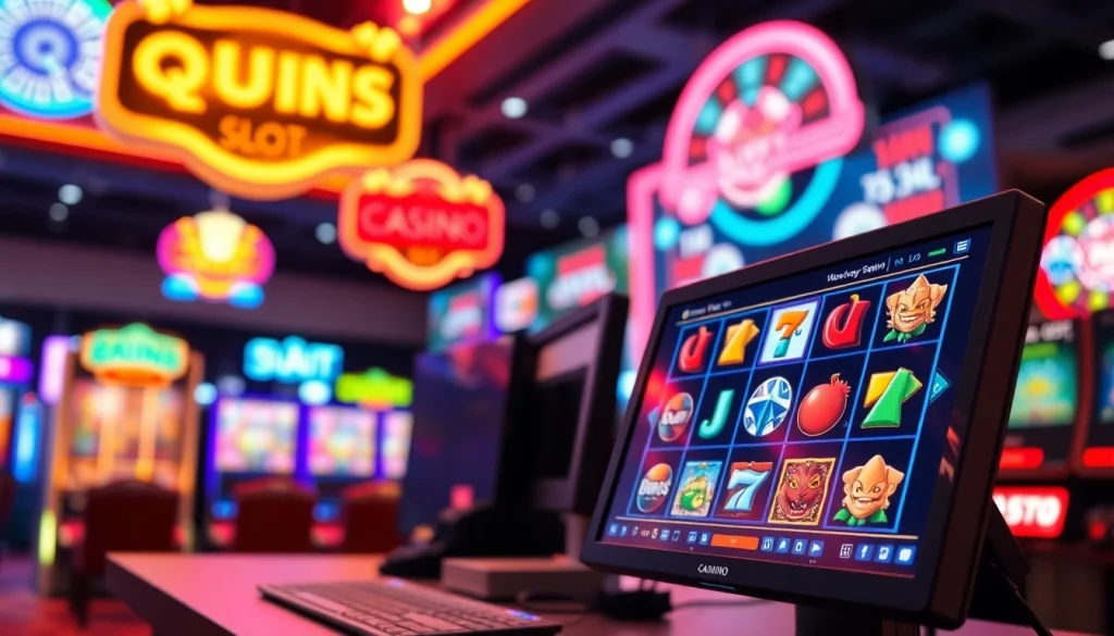 Menampilkan permainan qqpulsa slot di suasana kasino digital yang cerah dan mengundang.