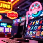 Menampilkan permainan qqpulsa slot di suasana kasino digital yang cerah dan mengundang.